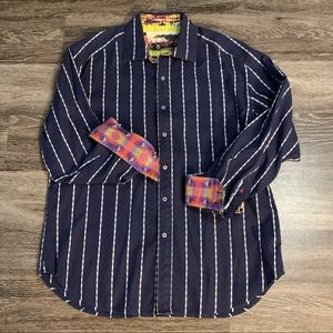 2/$40 Robert Graham XL Navy Button Down Shirt w/ White Stripes